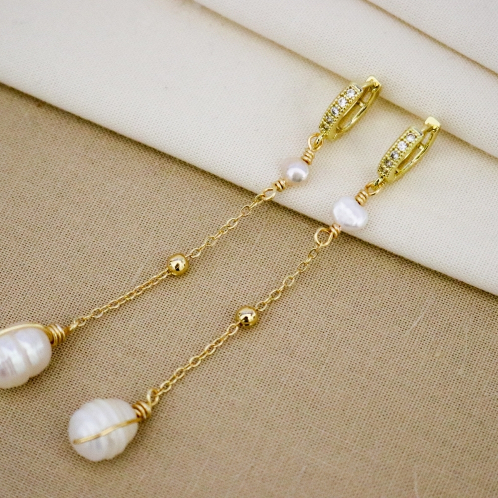 Gold Dangle Natural Water Pearl Drop Earrings